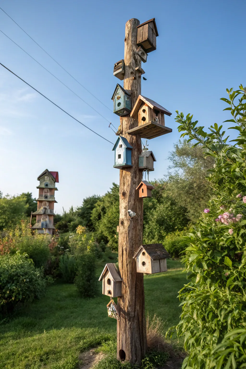 Elevate your garden with a handcrafted birdhouse display on a rustic telephone pole.