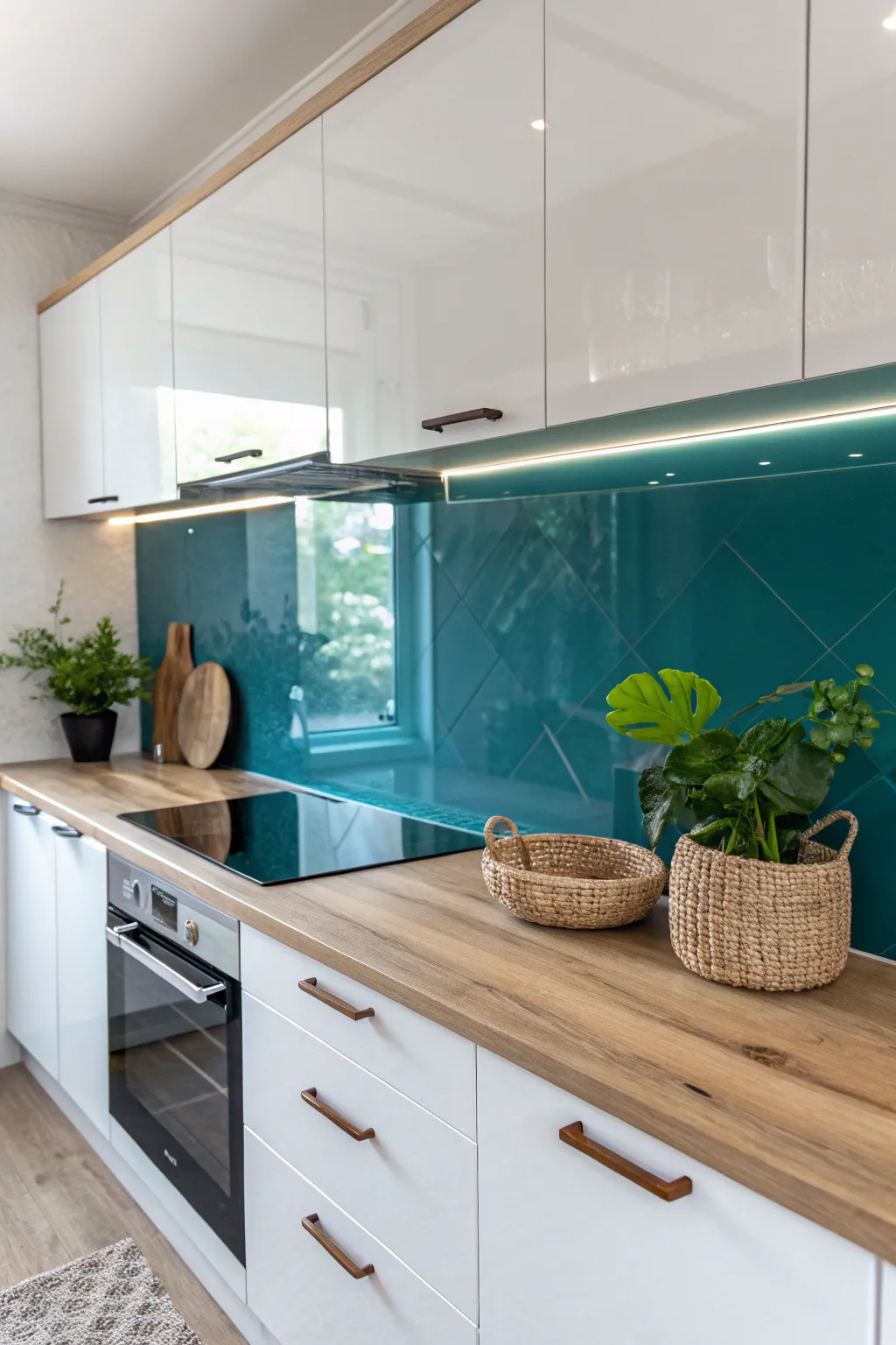 Transform your kitchen with a touch of sleek sophistication using a bold glass panel backsplash. #KitchenDesign #MinimalistBeauty