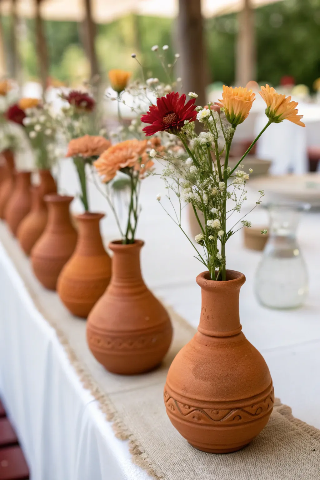 Terracotta bud vases with single stems create an elegant centerpiece.