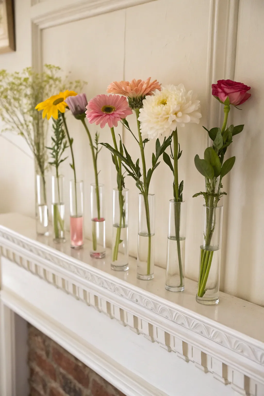 Highlight the beauty of individual blooms with simple test tube showcases.