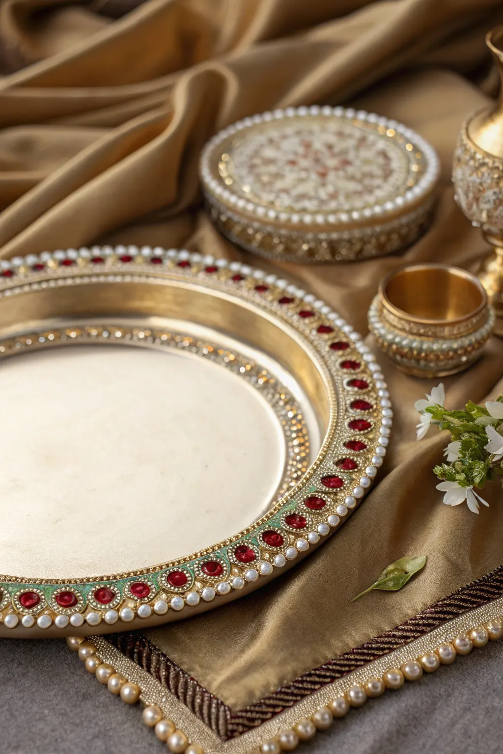 A thali outlined with a refined beaded border for added elegance.