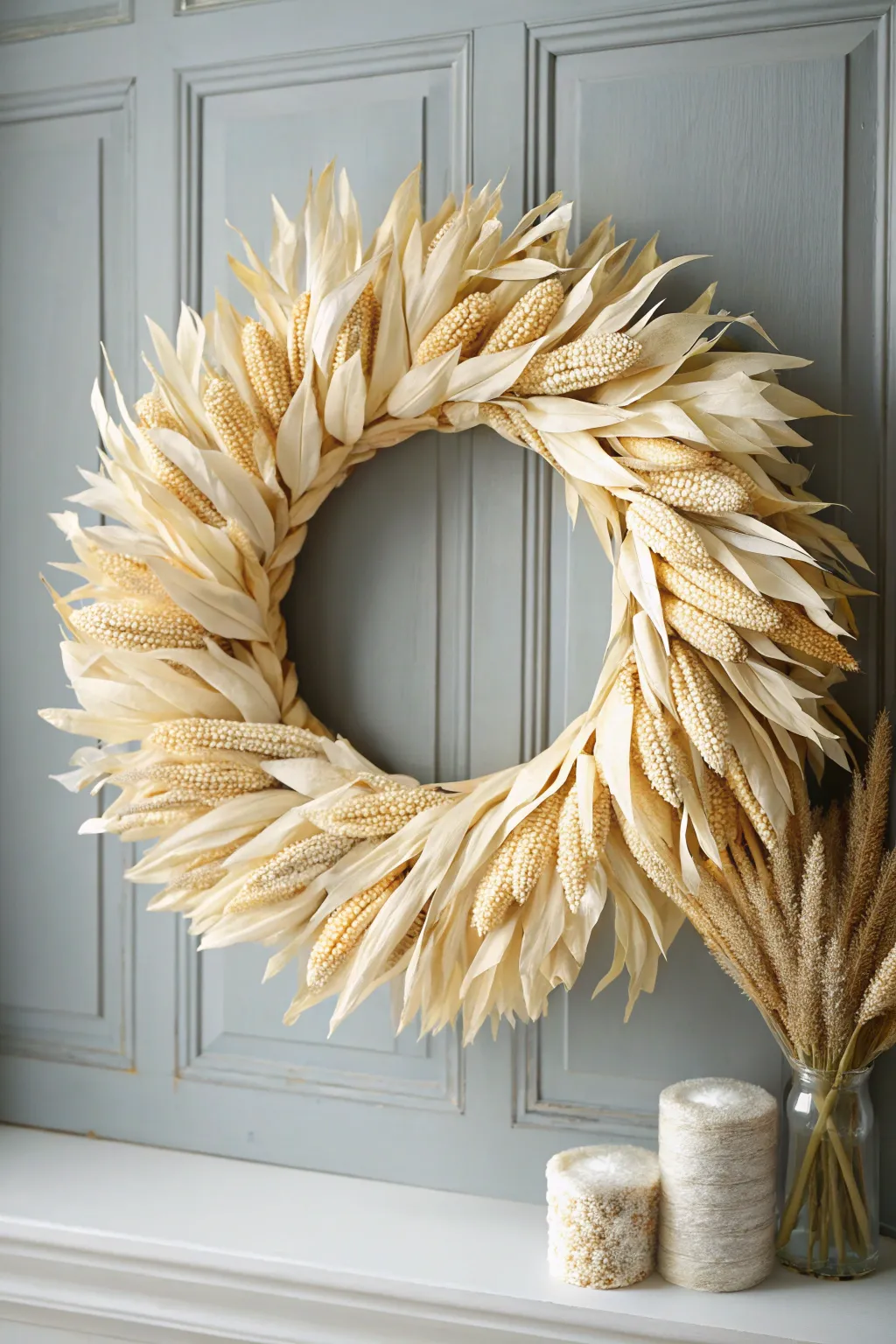 Elevate your Thanksgiving decor with a rustic-chic corn husk wreath, a perfect blend of simplicity and natural elegance.