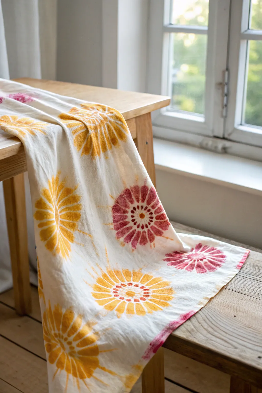 Embrace the warmth of the sun with this stunning sunburst tie-dye creation, where craftsmanship meets natural beauty.