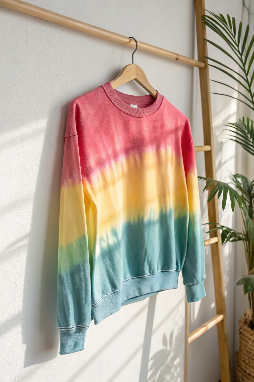 Embrace the vibrant joy of a rainbow ombre sweatshirt, where craftsmanship meets color in minimalist elegance.