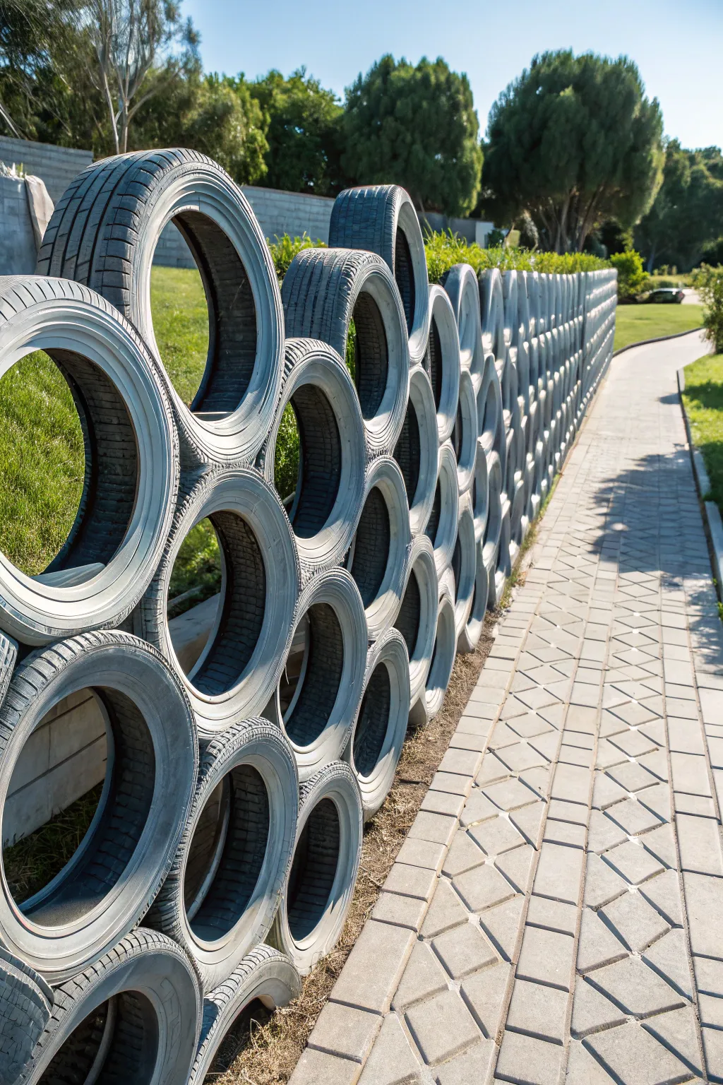 Transform tradition with a modern geometric tire fence that redefines outdoor style.