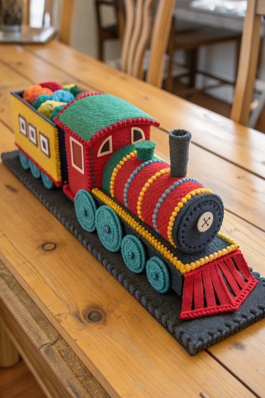 Craftsmanship on track: A striking felt train centerpiece for your gatherings.