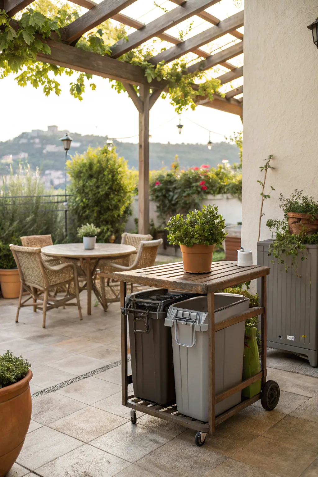 An outdoor patio with a stylish rolling cart for trash bins.
