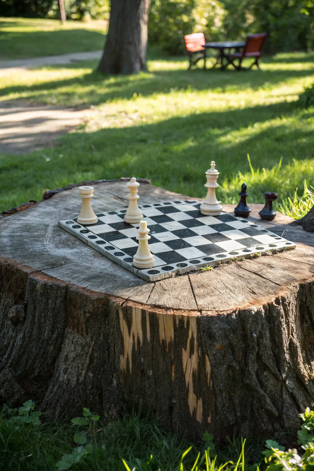 Transform a tree stump into a captivating outdoor chessboard, blending nature with the art of strategy.