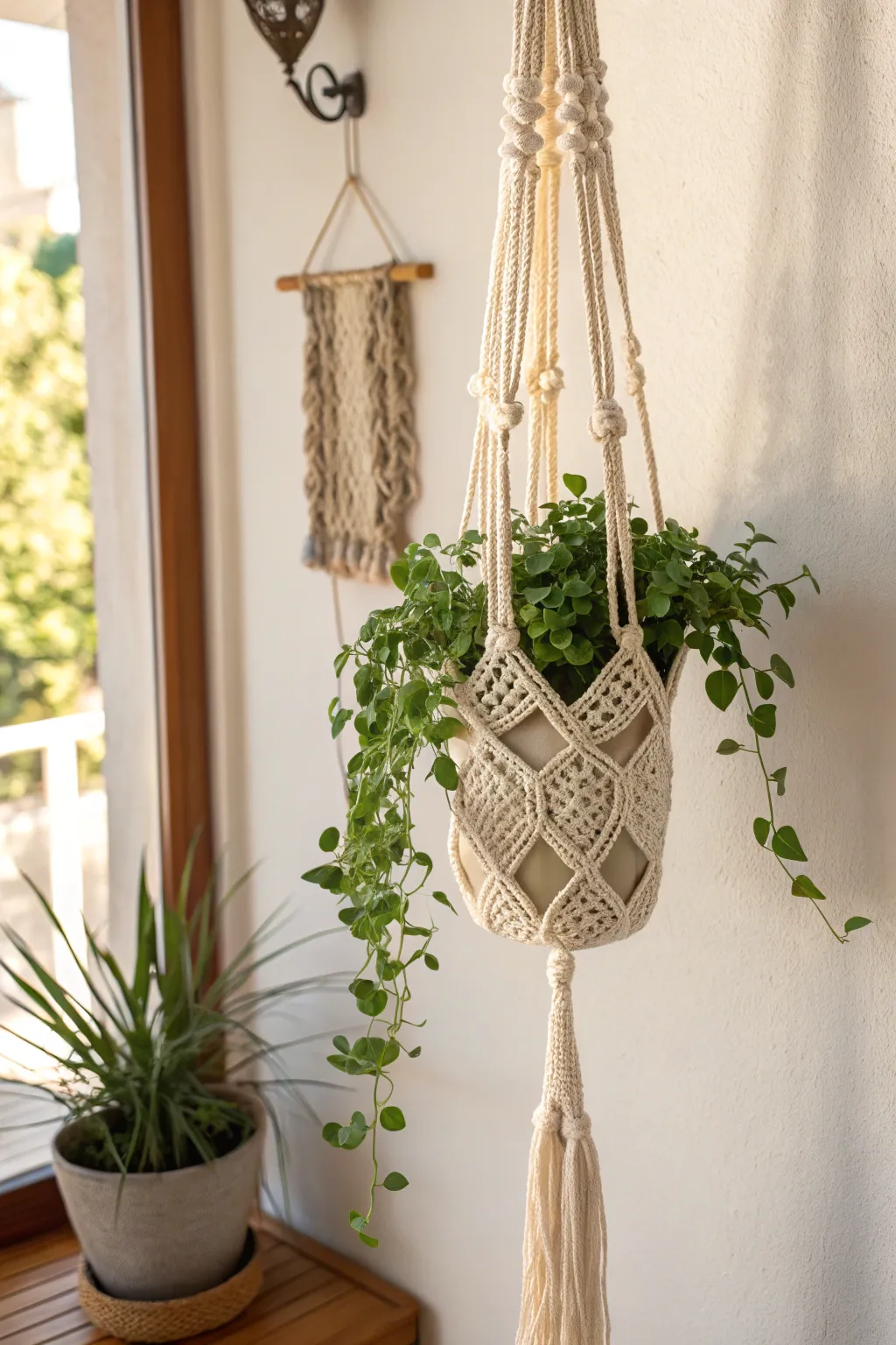Elevate your indoor greenery with this charming crochet plant hanger—a perfect blend of simplicity and natural elegance.