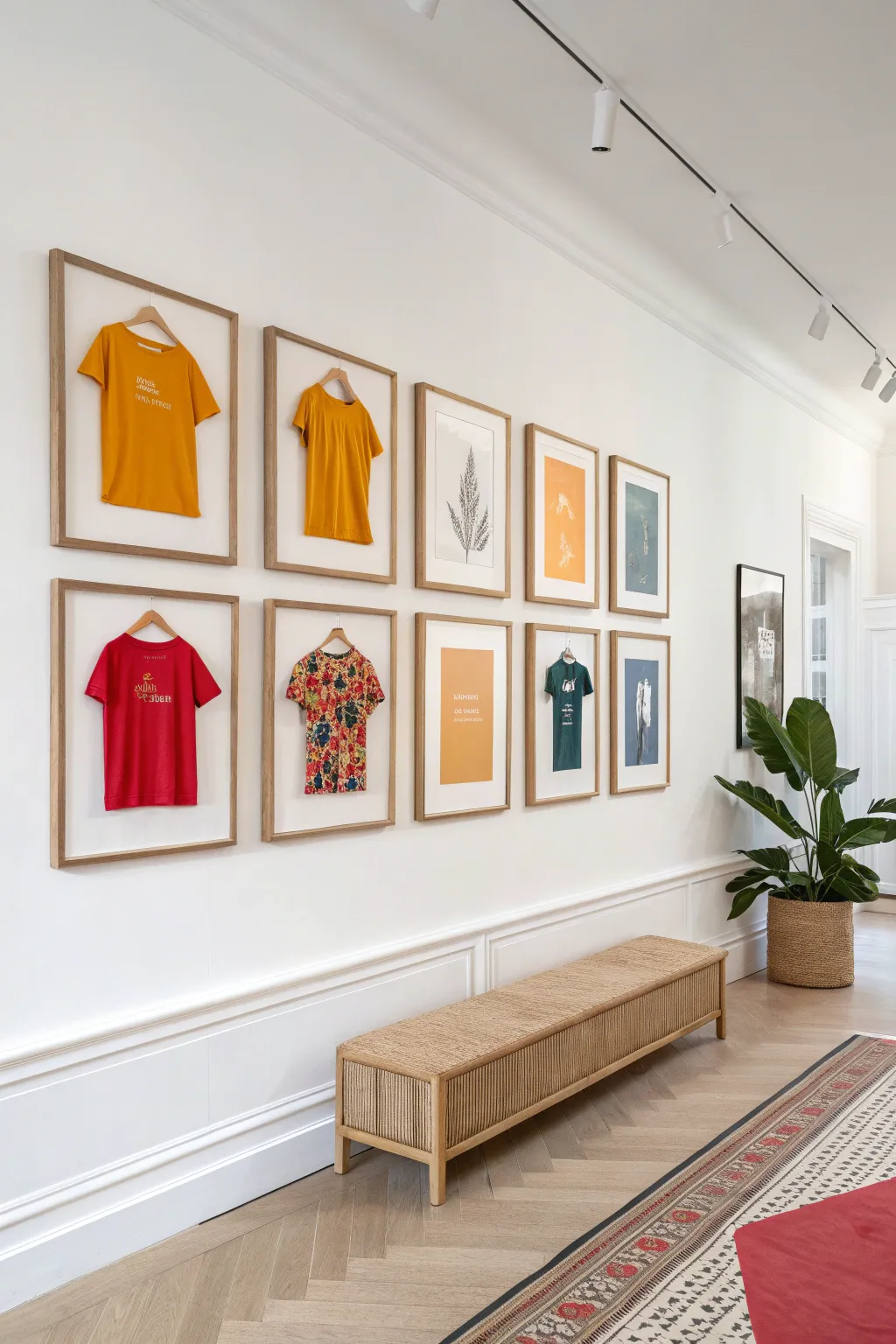 Transform your favorite t-shirts into a stunning gallery wall of wearable art with this minimalist frame display idea. #HomeDecor #ArtfulLiving