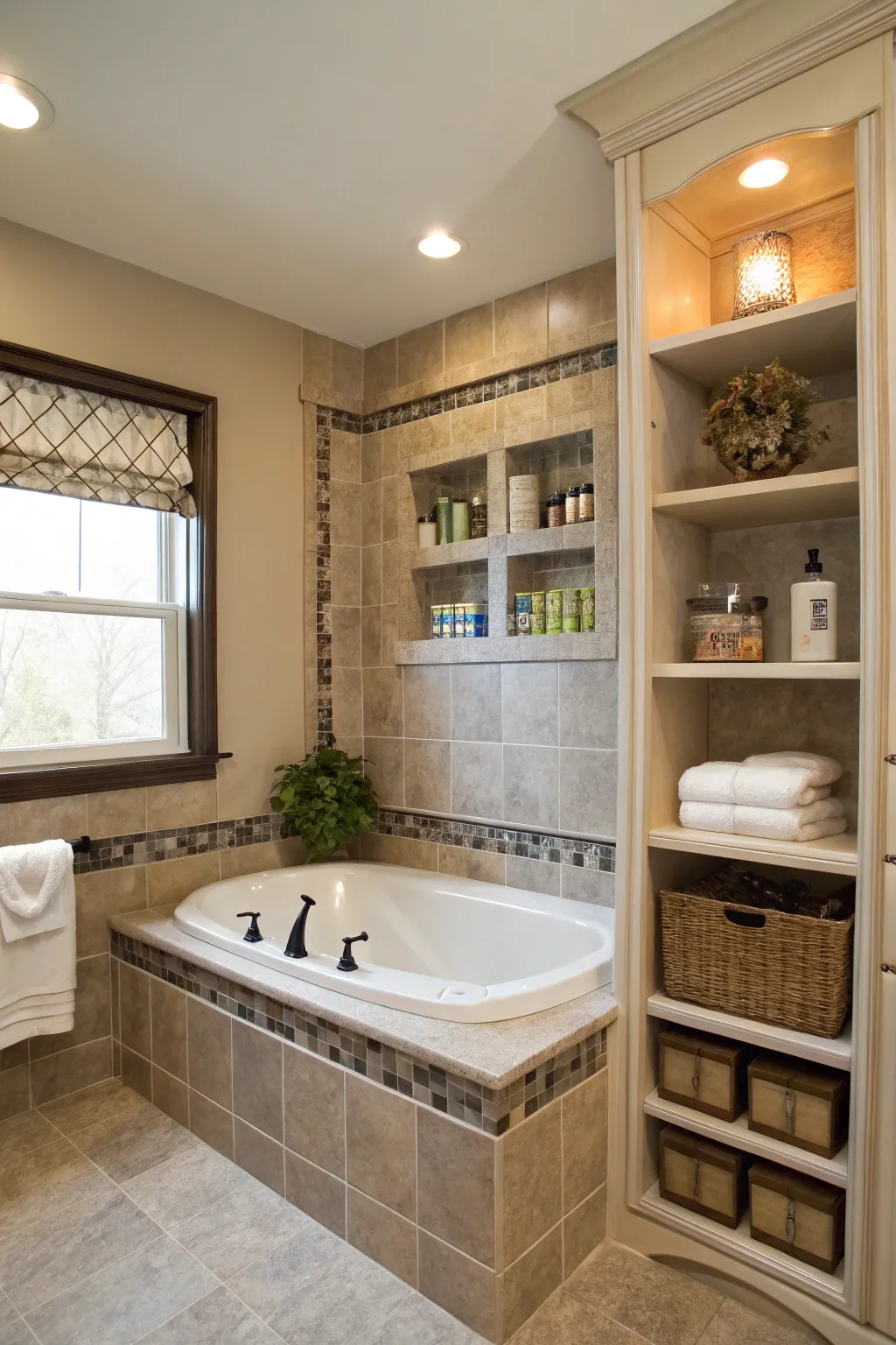 Built-in shelving offers convenient storage solutions.