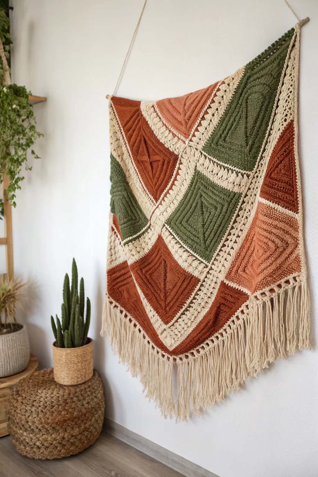 Enhance your space with the warmth and texture of a Tunisian crochet wall hanging.