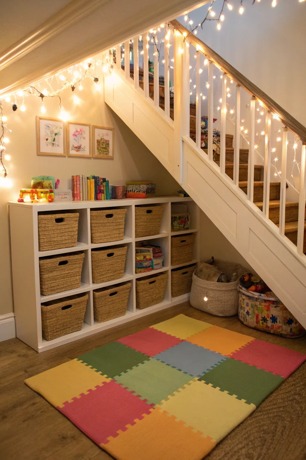 Transform under-stair spaces into enchanting play corners with clever storage solutions.