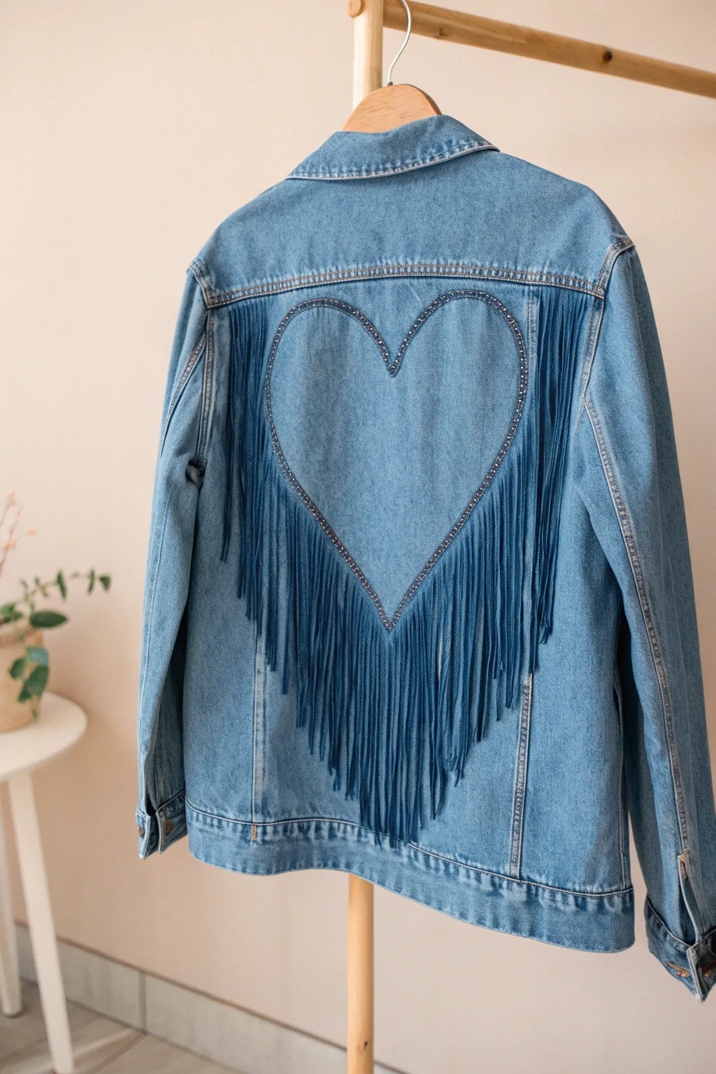 Embrace the drama with a heart-shaped fringe twist on your denim jacket. #UpcycleFashion #BohoChic