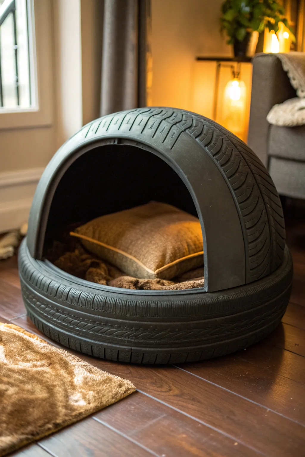 Transform an old tire into a chic, cozy pet haven—perfect for your furry friend and your style-savvy space!