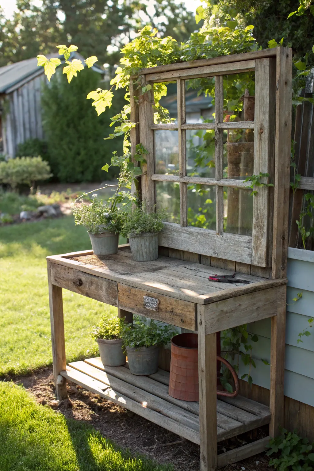 Transform your garden with a touch of elegance using a vintage window frame for your potting bench.