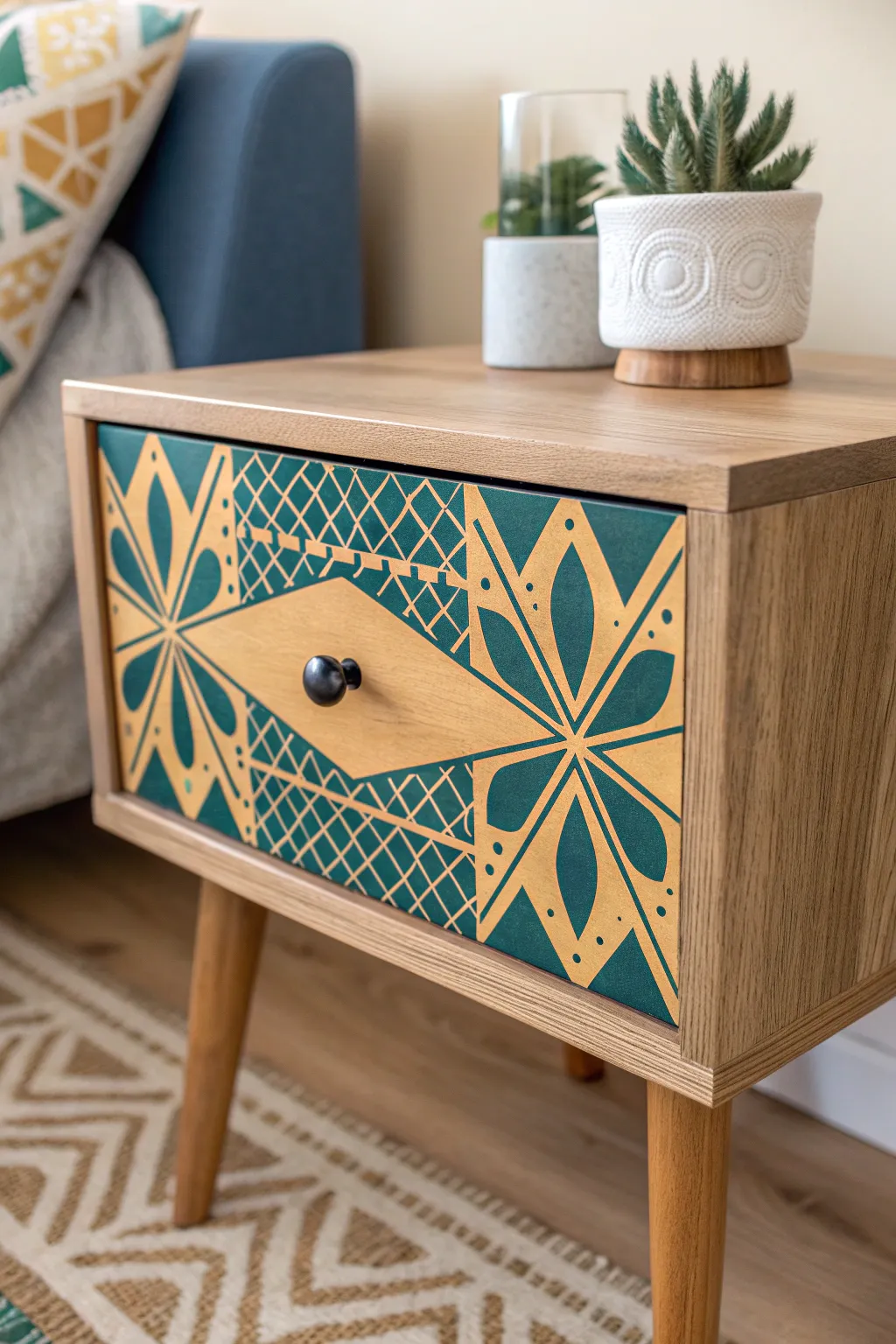 Transform your space with this stunning upcycled nightstand, where Scandinavian minimalism meets bold Boho flair. #Craftsmanship #UpcycleMagic