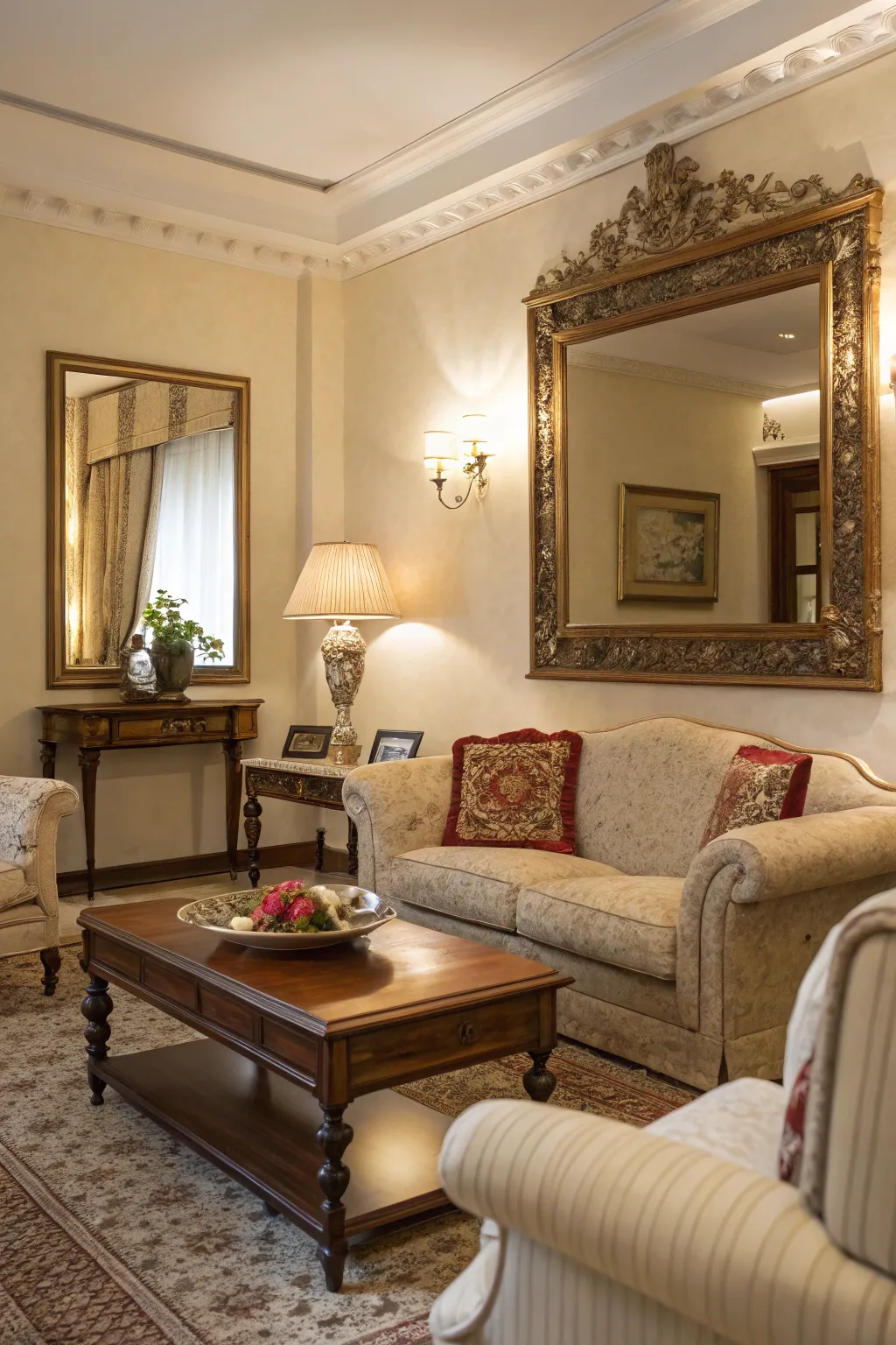 An antique mirror adds light and historical charm to the living room.