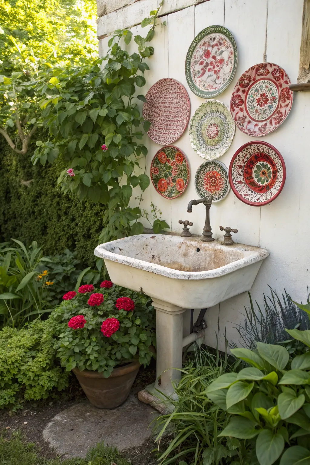 Transform your garden with vintage charm: repurpose an old sink with colorful plates for an artistic touch.