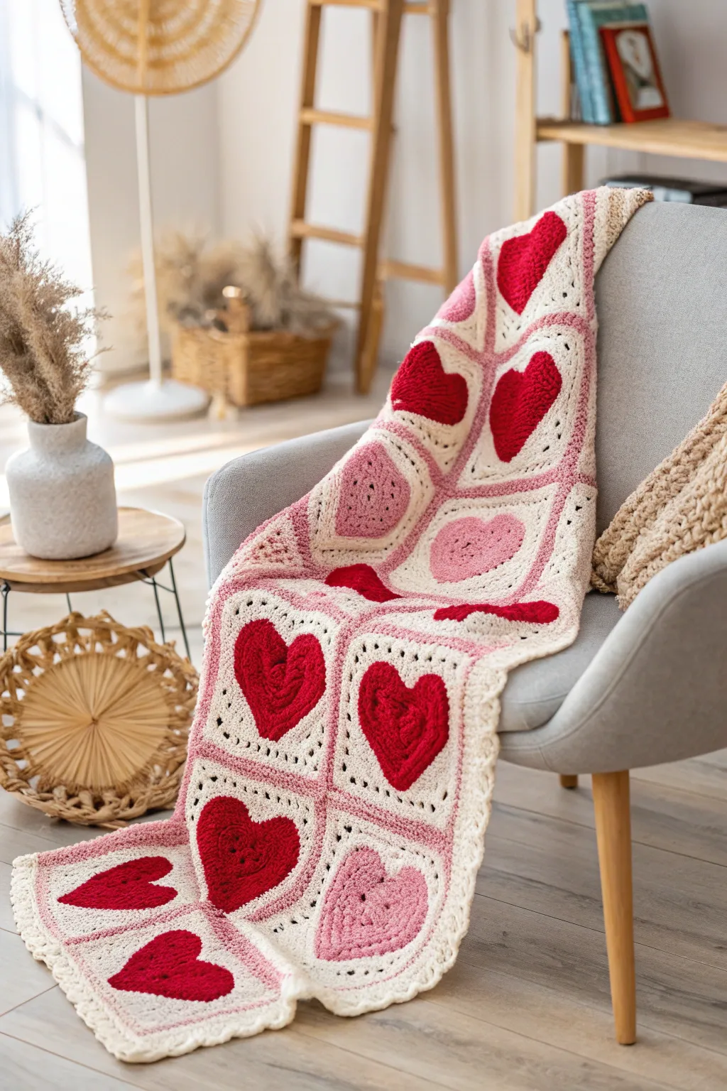 Snuggle up in style with this charming heart motif crochet blanket, perfect for a cozy Valentine’s evening.