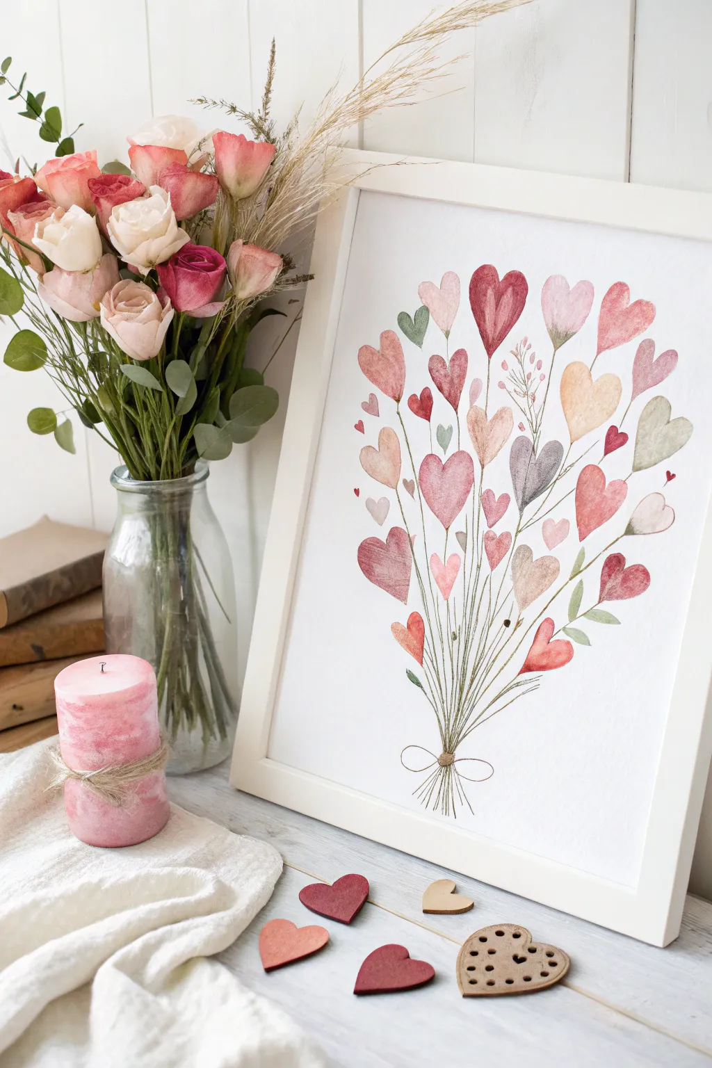 Embrace the charm of Valentine's with this delightful 'Bouquet of Hearts' watercolor masterpiece, where simplicity meets bohemian elegance.