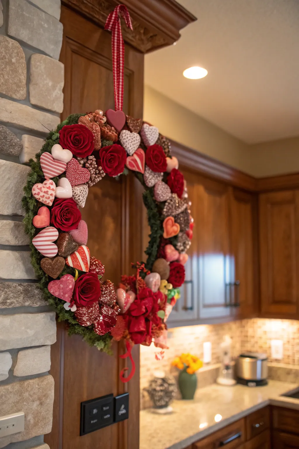 A candy-covered wreath brings a playful and edible twist to Valentine's decor.