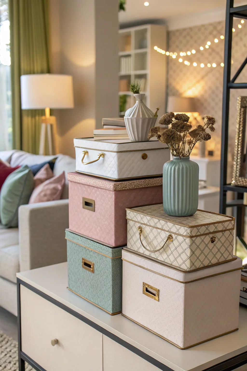 Decorative boxes blend storage and style, keeping vases neatly tucked away.