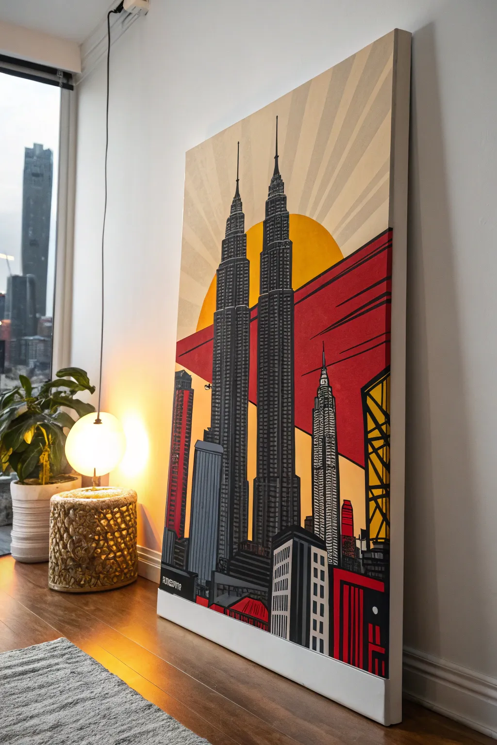 Elevate your space with this stunning vertical cityscape, where minimalist design meets vibrant urban energy.