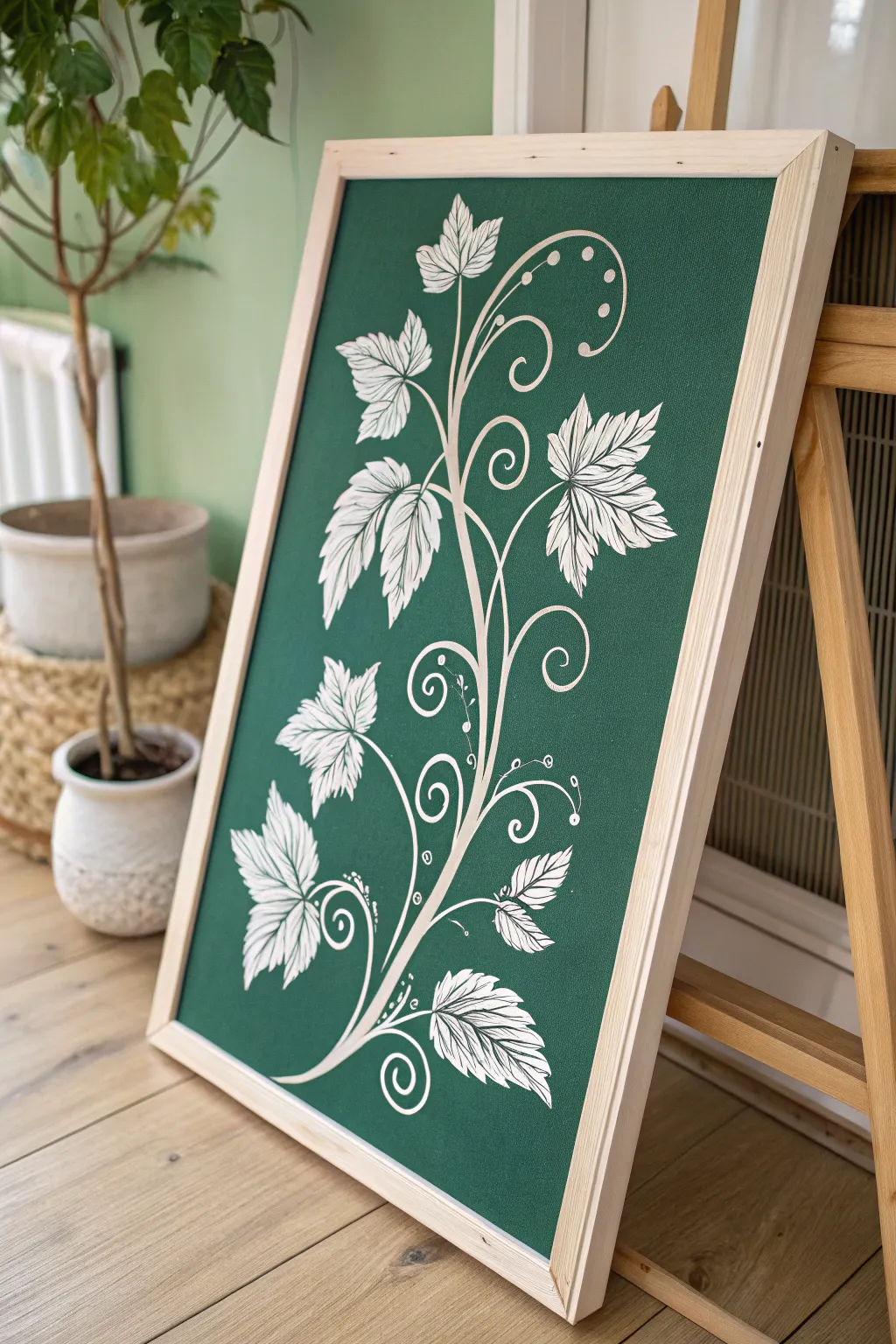 Embrace the beauty of contrasts with this minimalist vine painting, where vibrant backgrounds meet delicate details.