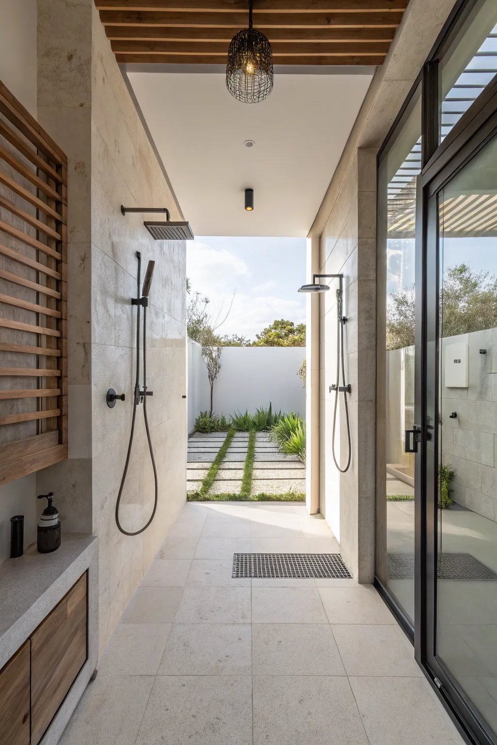 A double shower equipped with sleek modern fixtures for a cohesive look.