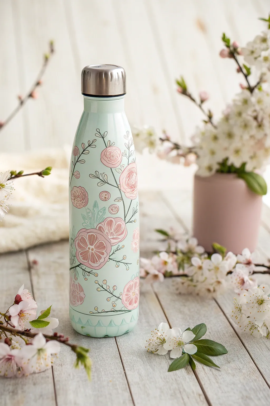 Capture the essence of spring with this elegantly designed water bottle, a perfect gift to embrace the season's beauty.