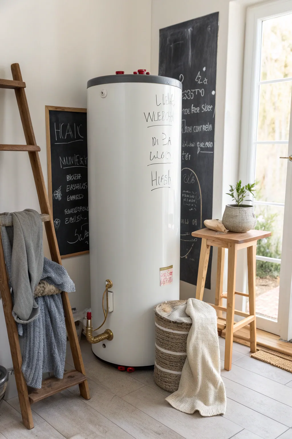 Chalkboard panels are perfect for families, offering a creative space for notes and hiding your water heater.