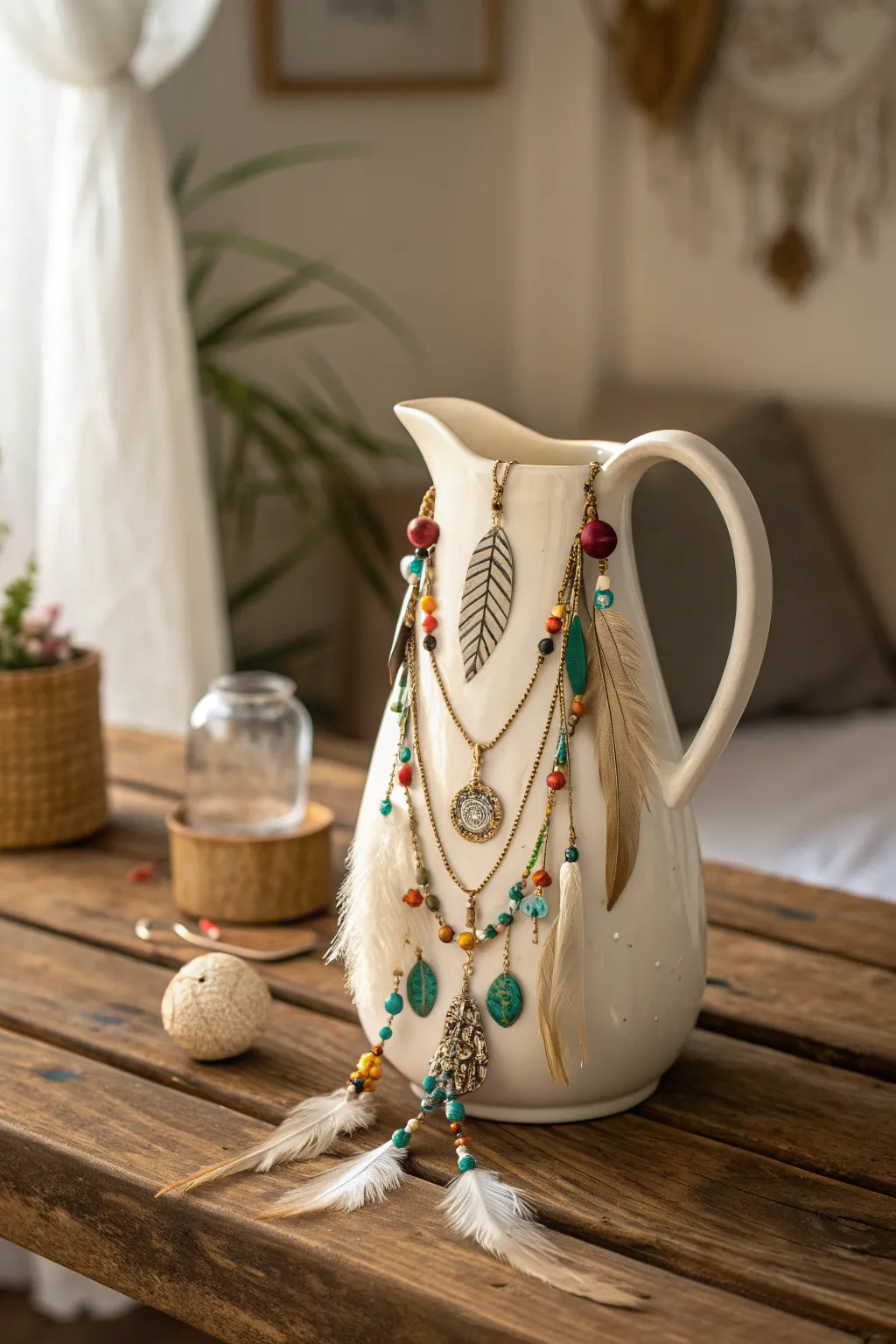 Elevate your space with a touch of boho charm—this beaded and feathered jug is sure to inspire!