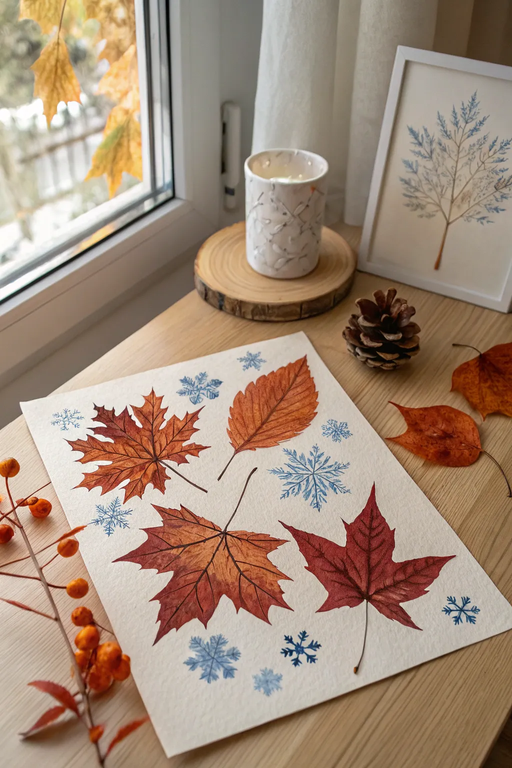 Capture the beauty of nature's cycle with a seasonal watercolor collage that celebrates autumn and winter's splendor.