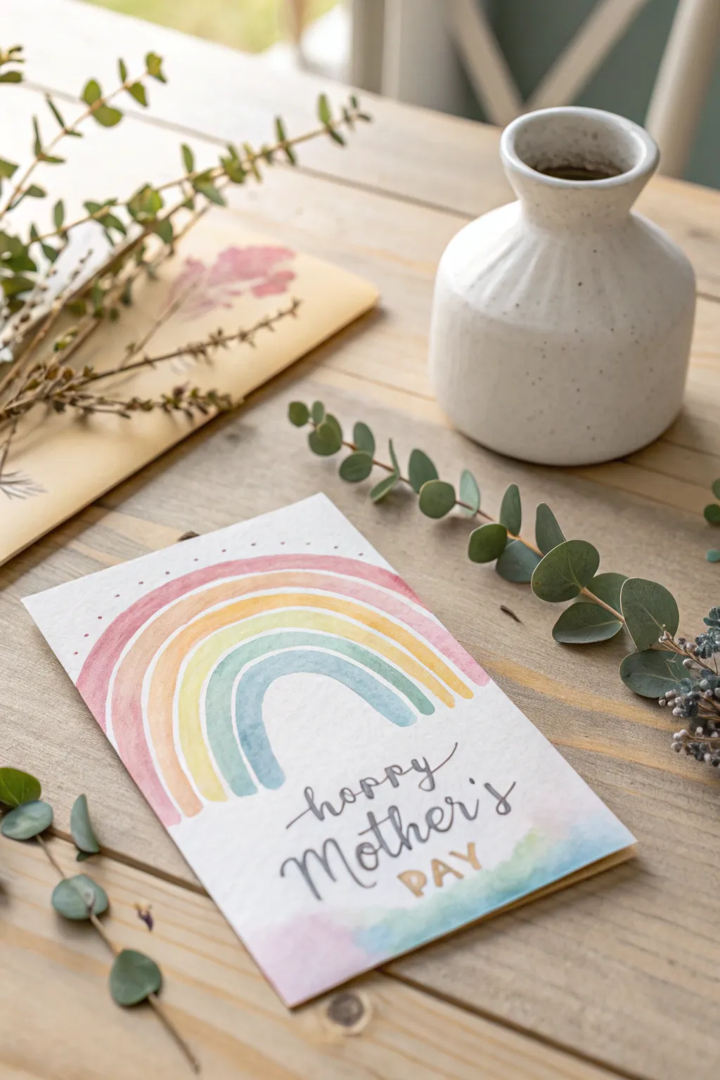 Surprise your mom with a handcrafted watercolor card that captures the vibrant beauty of a rainbow.