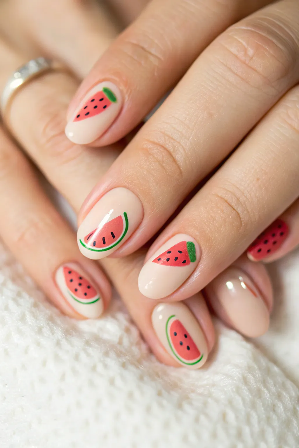 Embrace subtle elegance with these minimalist watermelon nail accents.