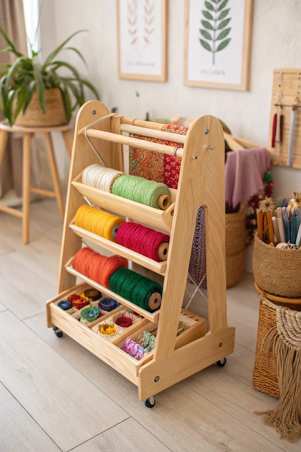 Elevate your weaving studio with a chic and functional portable workstation, perfect for a creative flow.