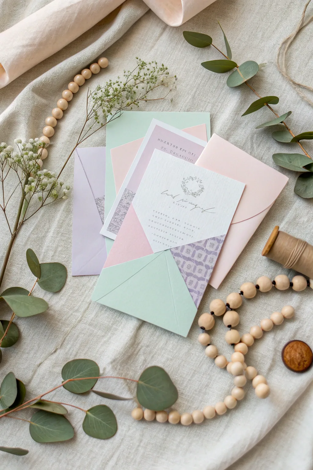 Embrace Color Coordinated Charm with a soothing pastel wedding card collage.