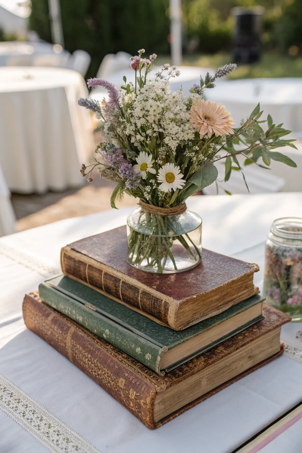 Timeless tales meet natural beauty: create the perfect wedding centerpiece with vintage books and blooms.