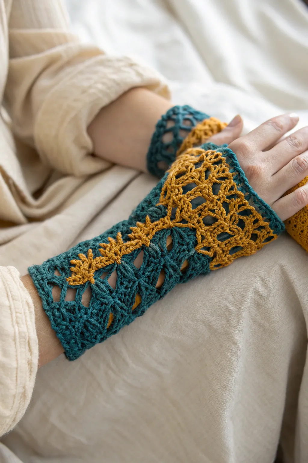 Wrap your wrists in the elegance of handcrafted beauty with these stunning crocheted wrist warmers.