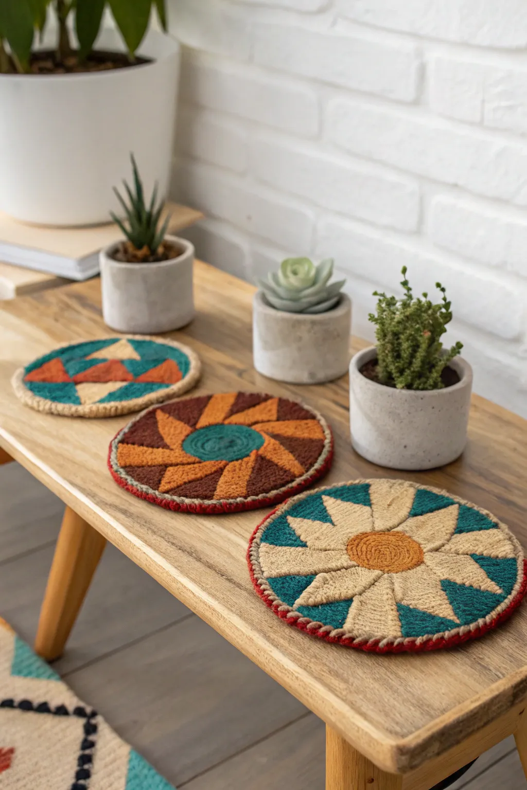 Transform extra carpet into stunning coasters that add a pop of color and style to any table setting.