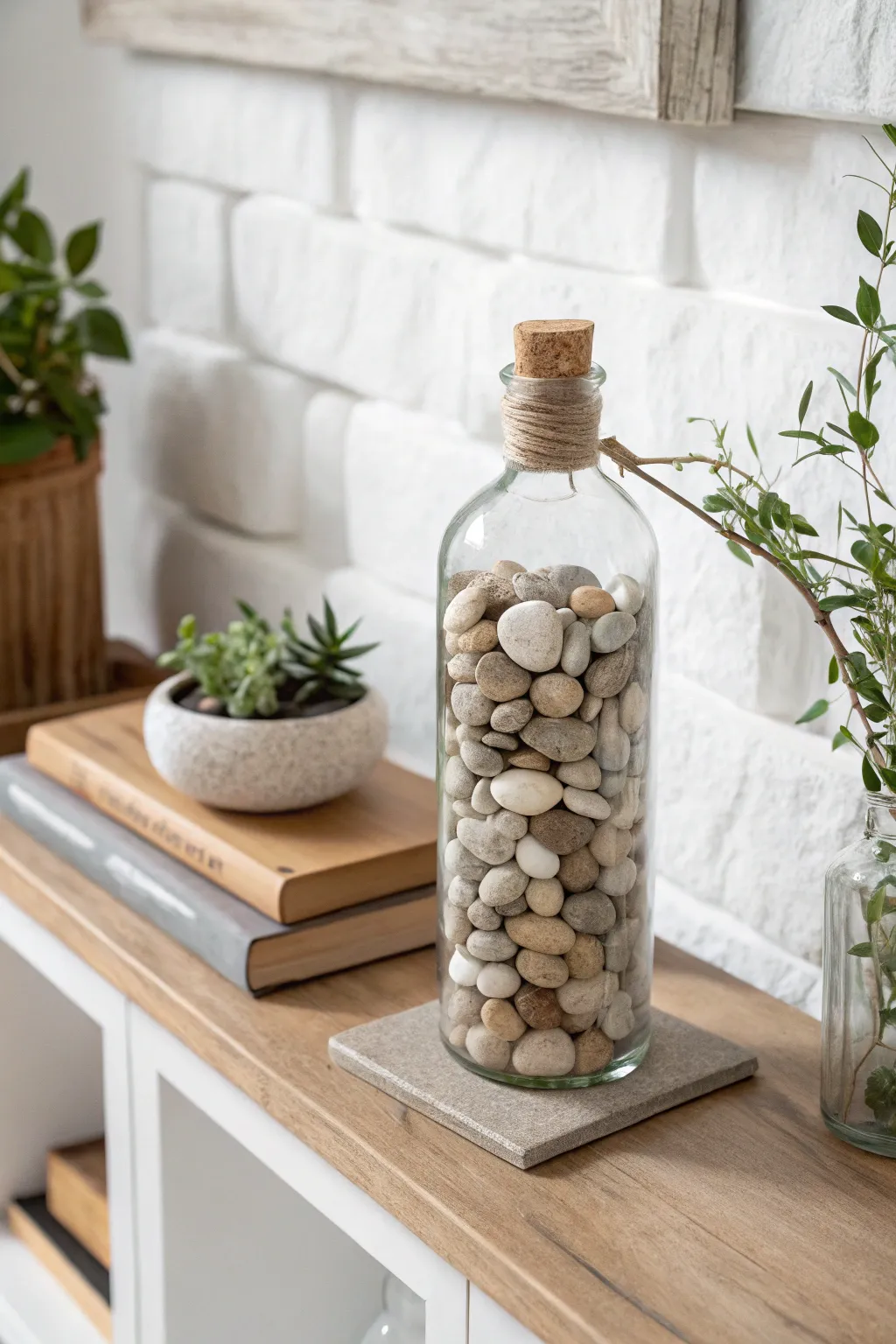 Transform glass bottles into chic bookends with a minimalist flair. #UpcycleArt #ScandinavianDesign #BohoChic