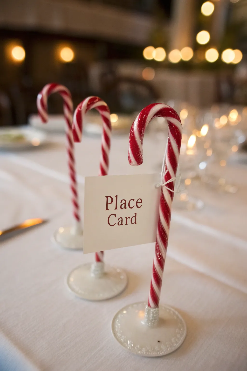 Transform leftover candy canes into charming place card holders for a whimsical holiday table setting.