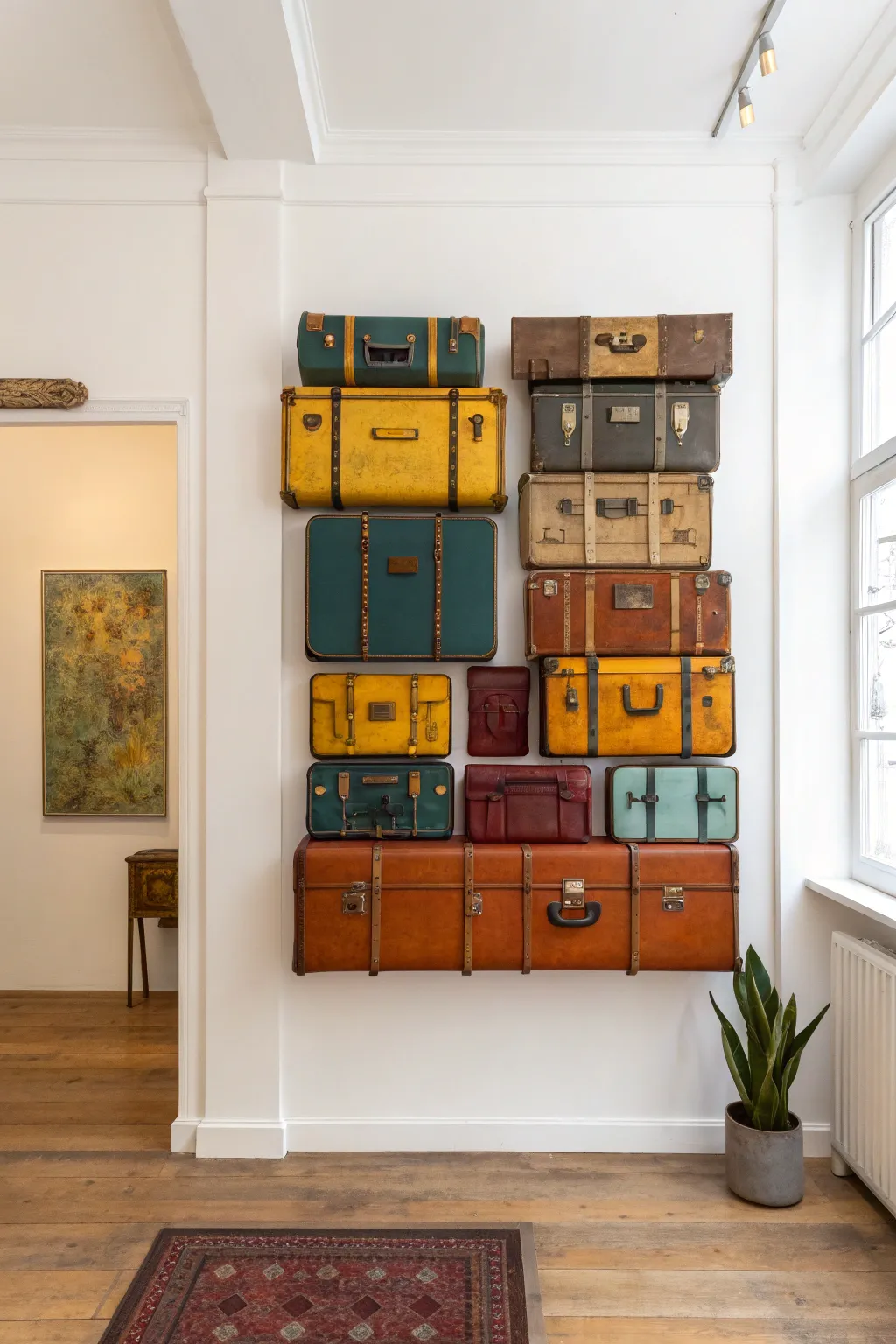 Transform vintage suitcases into striking wall art for a touch of boho-chic elegance.