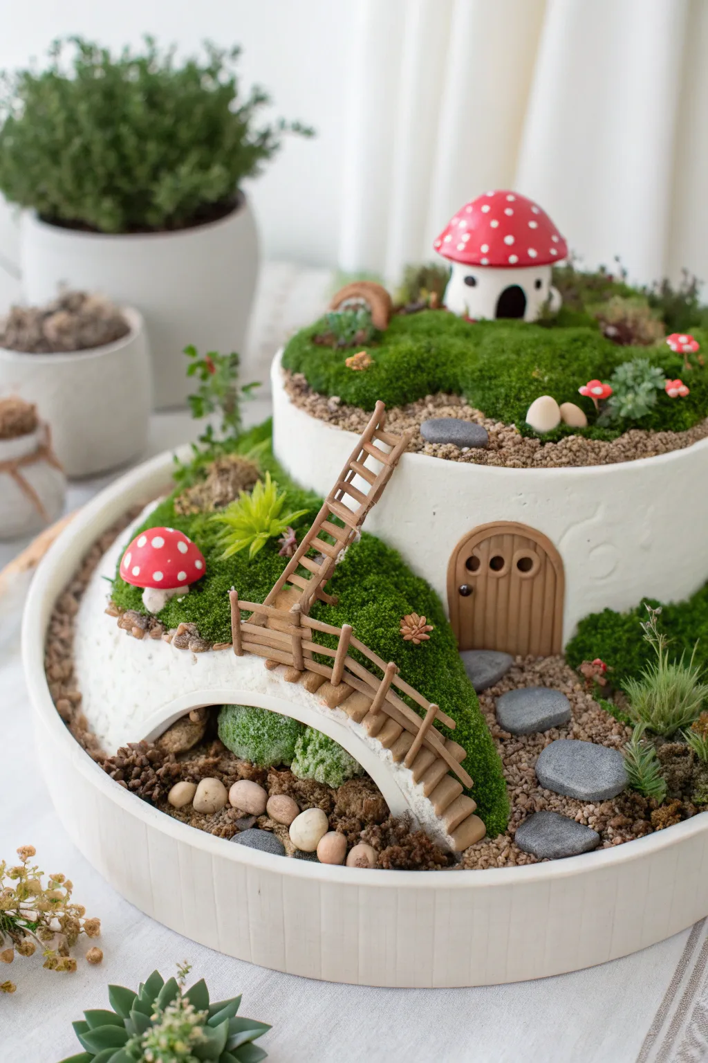 Discover the magic of layered landscapes in your fairy garden, where simplicity meets enchanting craftsmanship.