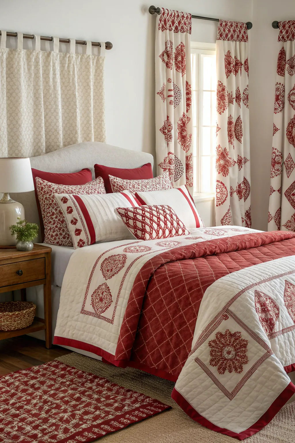 Layered textures in red and white create a cozy and inviting space.