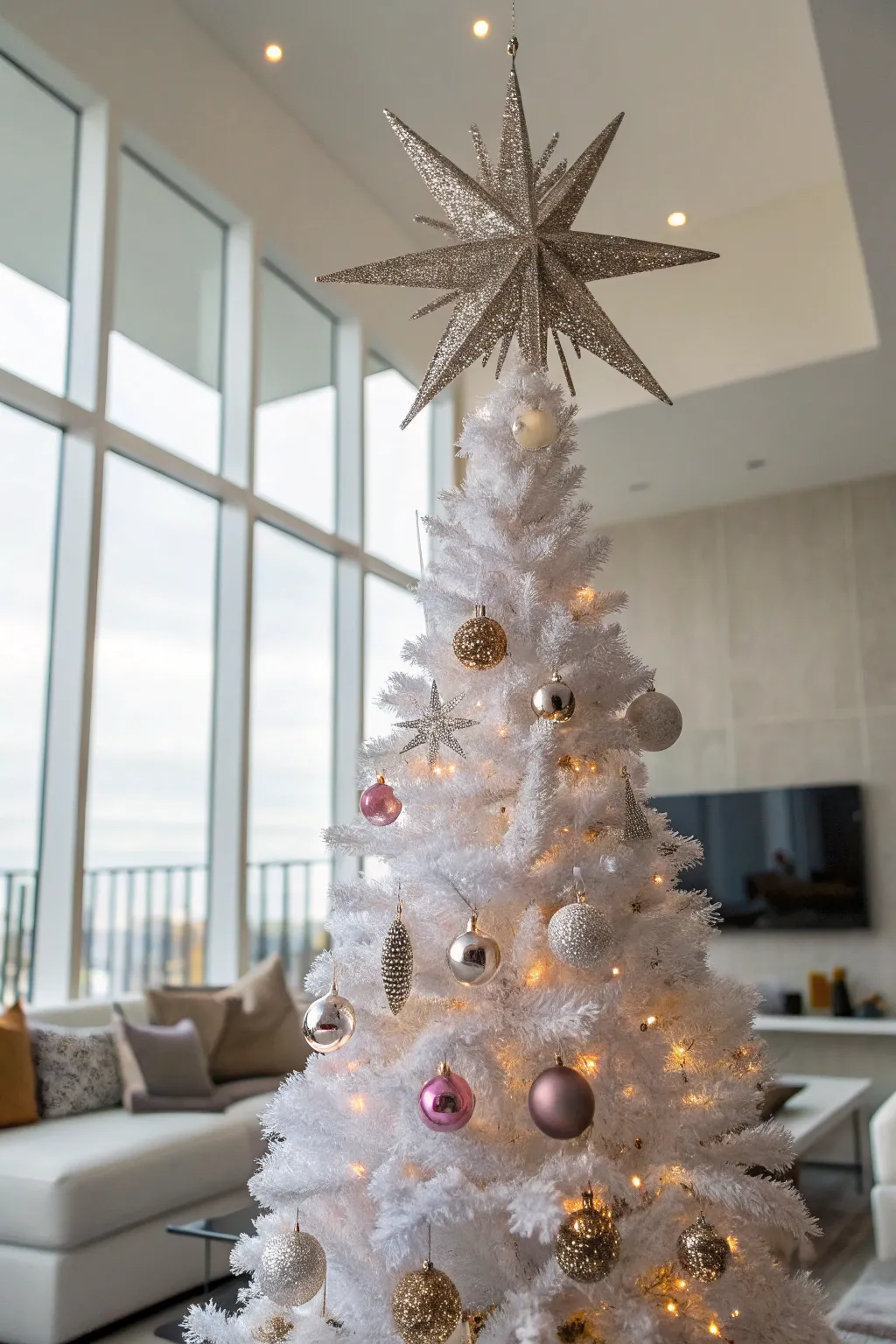 A glittery white starburst adds a modern flair to this tree.