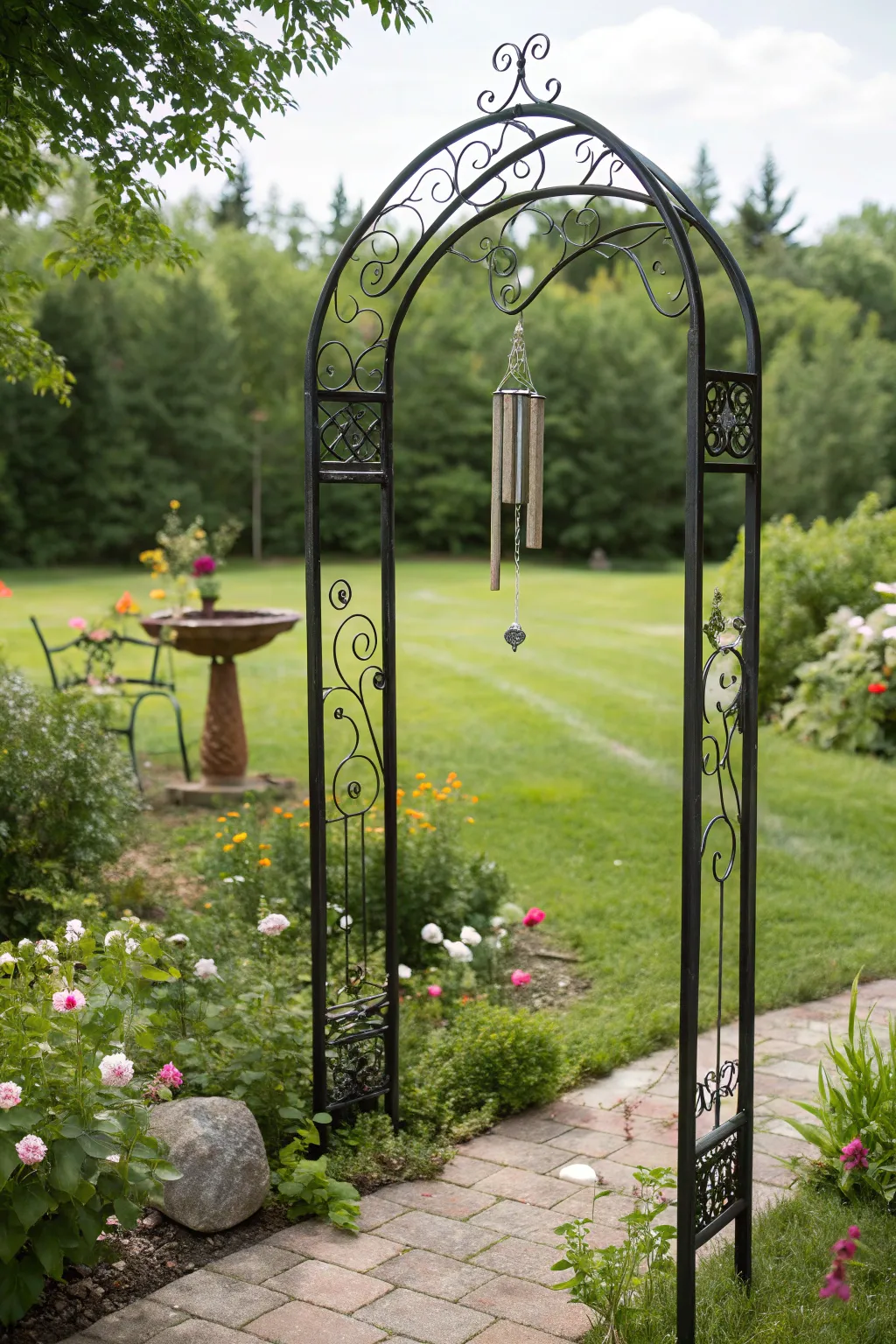 Transform your garden entrance with this exquisite Scandinavian-inspired iron arch, perfect for showcasing wind chimes with style.