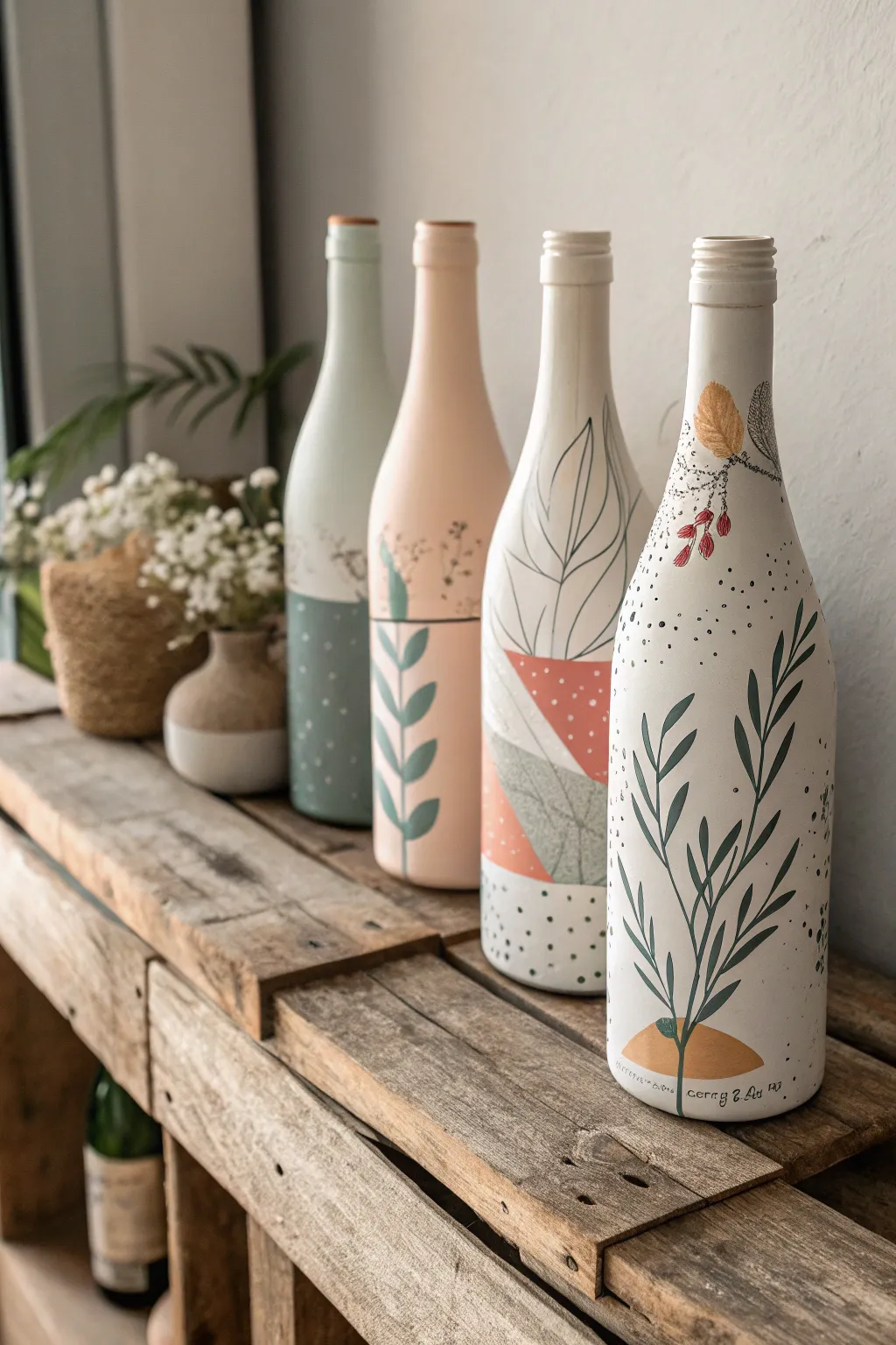 Discover the art of harmony with painted wine bottles as your canvas.