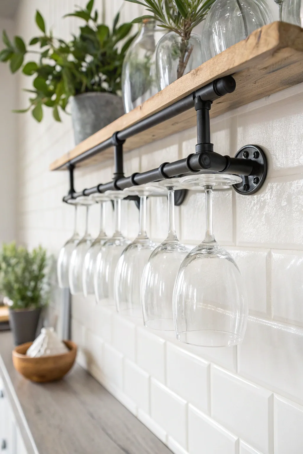 Elevate your space with this chic industrial pipe wine glass rack—where minimalism meets bold, natural beauty.